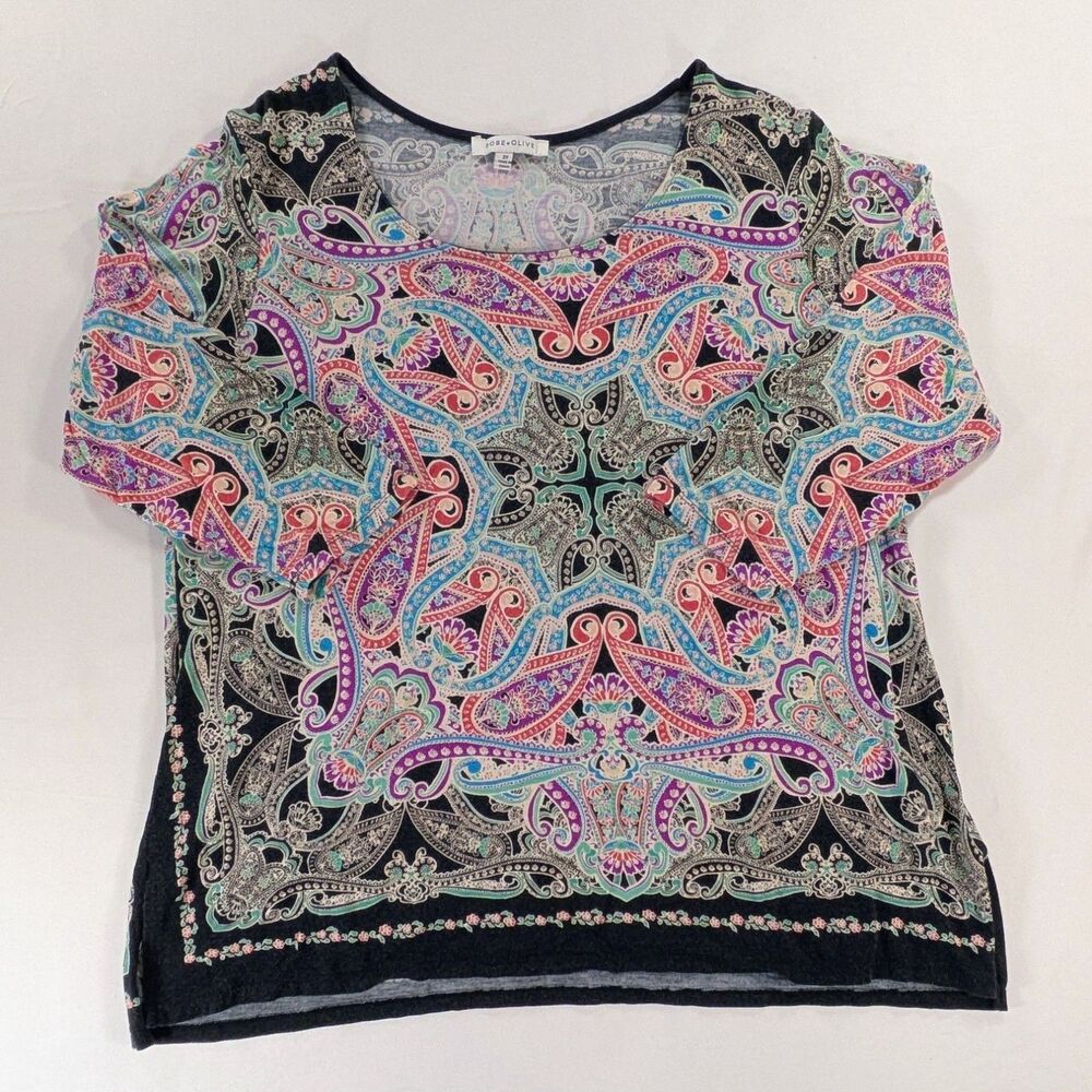 Rose + Olive Tunic Top Womens 2X Multicolor Boho Floral Paisley Shirt Lagenlook